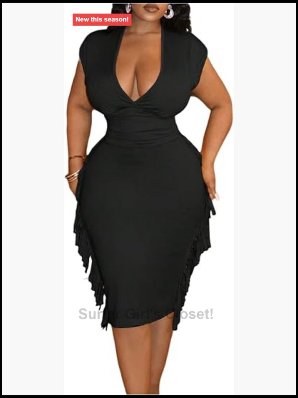 Plus Size Fringe Midi Dress Deep V Neck Bodycon Cocktail Party Dress